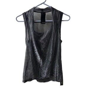 Heather Metallic Tank Womens Small Medium Silver Black Sleeveless Semi Sheer
